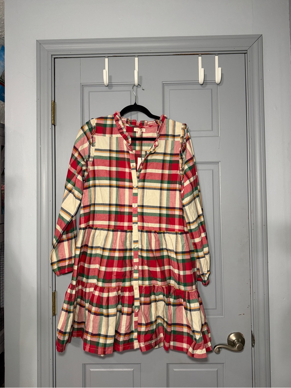 Pink Chicken Kolani Cream red Green Plaid Tiered Button-Front Dress Sample!